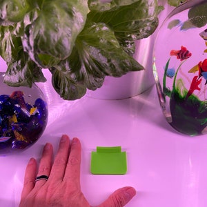May include: A green plastic scraper tool on a white surface. The scraper is about 4 inches long and 2 inches wide. There are two glass objects in the background, one with blue and yellow fish and the other with colorful fish and green seaweed.
