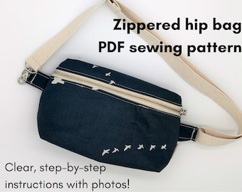 PDF sewing pattern. Zippered hip bag. Crossbody waist pack. Fanny pouch. Festival bum bag. Fully lined zero waste bag. How to instructions
