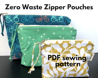PDF sewing pattern. Zipper pouches - 3 sizes! Zero waste tutorial. Beginner instructions. Make up & travel bag, toiletry kit sewing pattern.