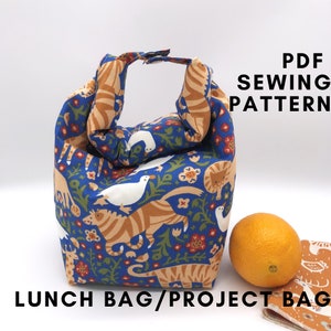 PDF sewing pattern. Lunch & project bag. Zero waste tutorial. Beginner instructions. Tote knitting bag pattern. Utensil holder. Cup cozy.