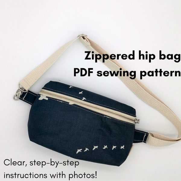 PDF sewing pattern. Zippered hip bag. Crossbody waist pack. Fanny pouch. Festival bum bag. Fully lined zero waste bag. How to instructions