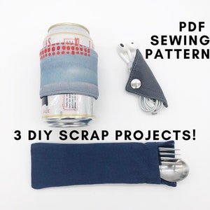 May include: Three DIY scrap projects: a blue and red can koozie, a gray fabric cord organizer, and a blue fabric utensil holder. The text "PDF SEWING PATTERN" and "3 DIY SCRAP PROJECTS!" is visible in the image.