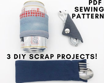 PDF sewing pattern. 3 scrap projects.  Utensil pouch. Coffee Sleeve. Cord keeper. Zero waste. Beginner instructions. Travel cutlery bag.
