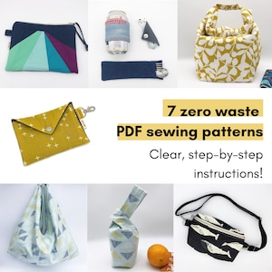 Puede incluir: Siete patrones de costura PDF de cero residuos para crear artículos reutilizables como una bolsa de mano, una bolsa y una bolsa de almuerzo. Los patrones están ilustrados con muestras de tela de colores.