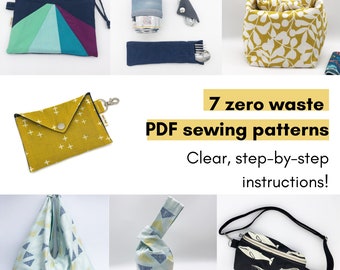 Zero waste PDF sewing patterns.  Bundle of 7. Fanny pack, hip bag, lunch bag, project bag, rainbow pouch, snap pouch, knot bag, cup holder