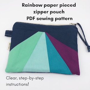 PDF sewing pattern. Paper pieced rainbow zipper pouch.  Easy paper piecing tutorial.  Beginner friendly.  Rainbow pattern.