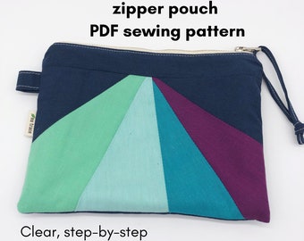PDF sewing pattern. Paper pieced rainbow zipper pouch.  Easy paper piecing tutorial.  Beginner friendly.  Rainbow pattern.