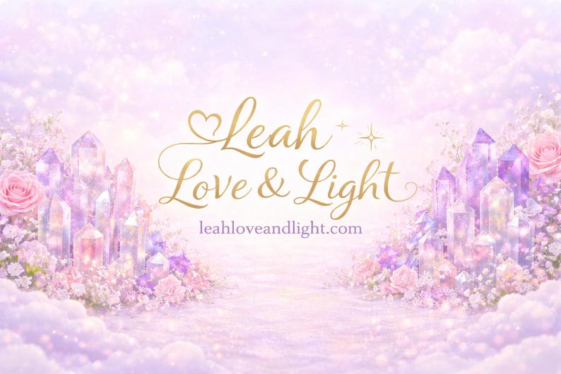 Op de afbeelding: Een dromerige, pastelkleurige afbeelding met de tekst "Leah Love & Light" in gouden letters. De afbeelding toont kristallen, rozen en bloemen, met het websiteadres leahloveandlight.com.