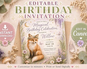 Mystieke Woodland Fox-verjaardagsuitnodiging | Bewerkbare canvassjabloon | Direct downloaden | Pastelkleurige bosuitnodiging voor feest