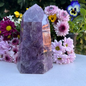 May include: A large, purple amethyst crystal point with a clear, faceted top. The crystal is sitting on a white surface with a bouquet of flowers behind it.