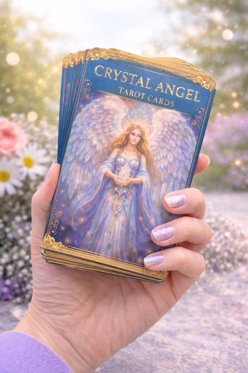 Op de afbeelding: Een hand houdt een pakje "Crystal Angel Tarot Cards" vast. Het kaartontwerp toont een hemelse engel in een vloeiende jurk, die een kristal vasthoudt. De kaarten hebben een blauwe achtergrond met gouden accenten en de tekst "Crystal Angel Tarot Cards".
