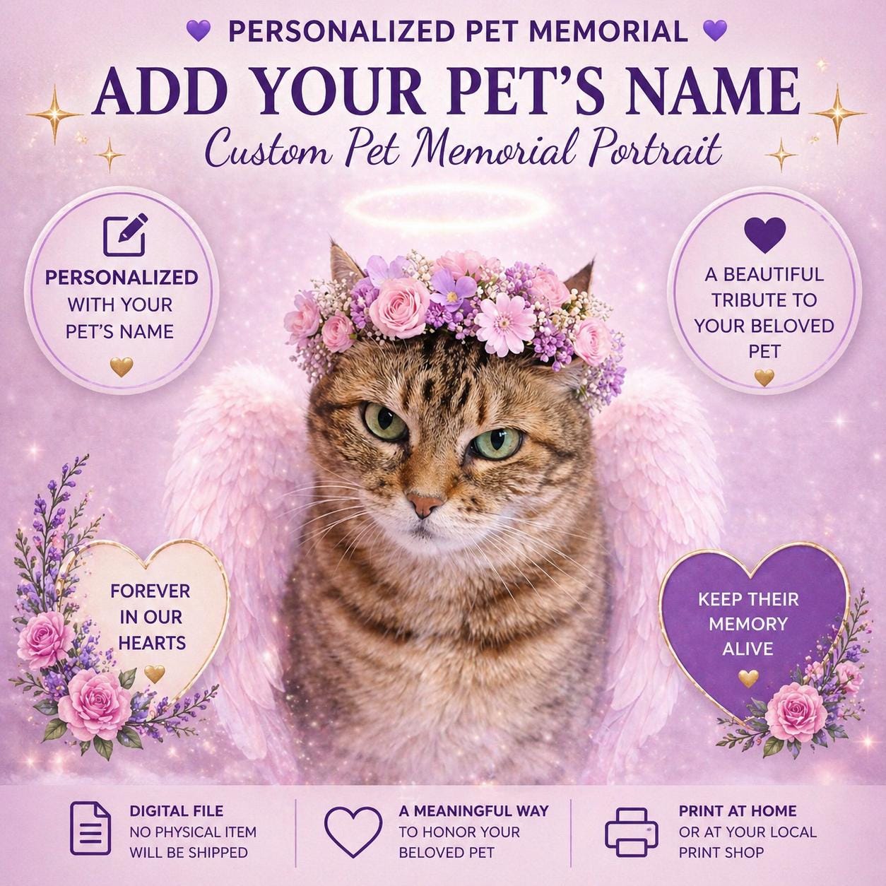 Custom Cat Memorial Portrait – Angel Wings Pet Remembrance Art ...