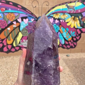 May include: A large, purple amethyst crystal point with a natural, faceted shape. The crystal is held in a hand, with a colorful butterfly mural in the background.