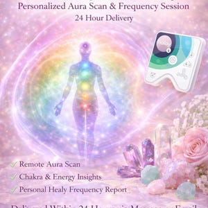 May include: Image promoting a remote Healy Aura Analysis service. The image features a silhouette of a person with chakra points highlighted, a Healy device, crystals, and roses. Text includes "Remote Healy Aura Analysis" and "24 Hour Delivery."