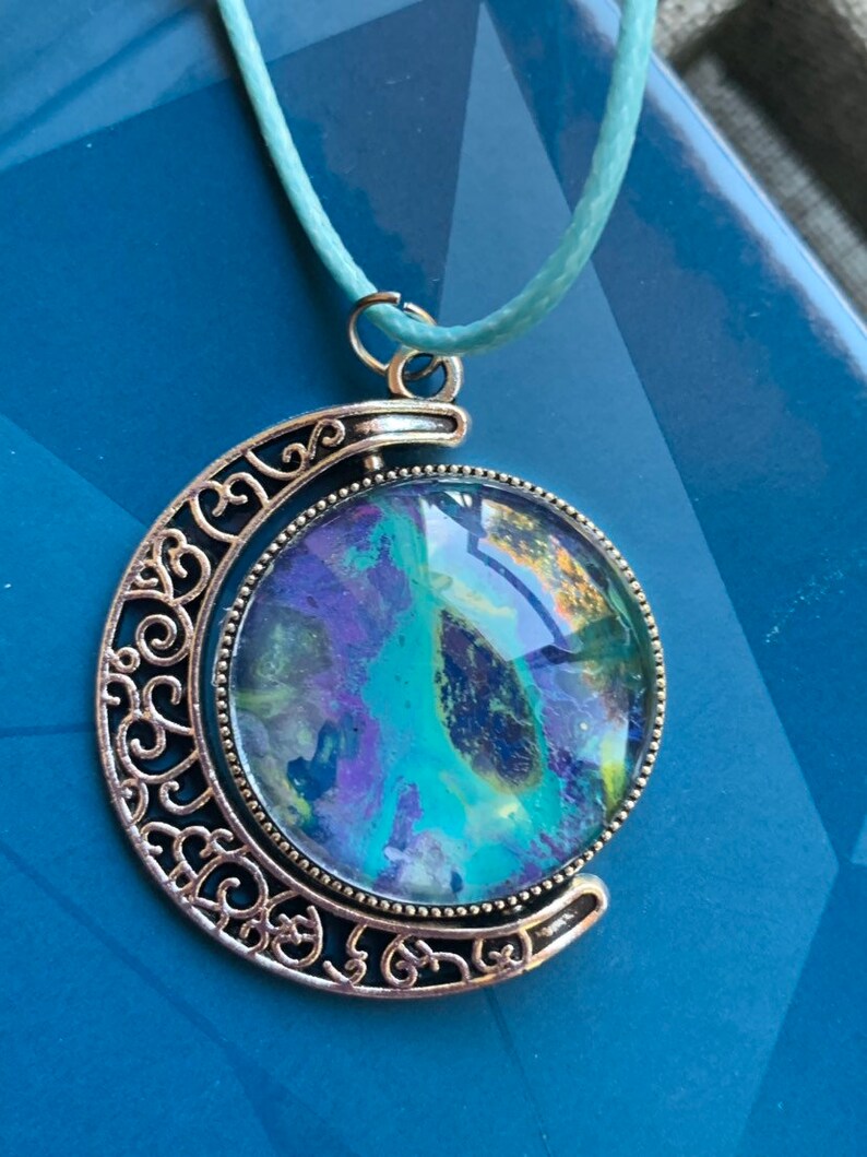 Free Crystal Gift FREE US Shipping Moon Pendant High Vibe Pour Art Acrylic Pendant with Colorful chain Reiki Charged