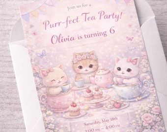 Cute Cat Tea Party-uitnodiging, kitten verjaardagsuitnodiging, pastel Cat uitnodiging voor feest, verjaardagsuitnodiging meisje, aangepaste kitty uitnodigen, afdrukbare