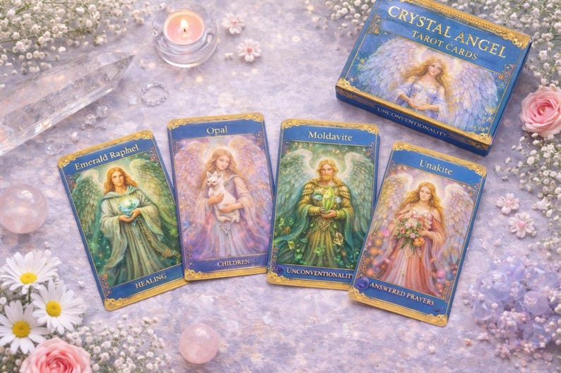 Op de afbeelding: Een set Crystal Angel Tarotkaarten met vier kaarten afgebeeld, met engelenillustraties en titels als "Emerald Raphael" en "Opal". De kaarten liggen op een lichtpaarse ondergrond met bloemen en kristallen, naast een doosje kaarten.