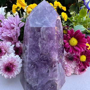 May include: A large, purple amethyst crystal point with a faceted, geometric shape. The crystal is surrounded by a variety of flowers, including pink and yellow blossoms.