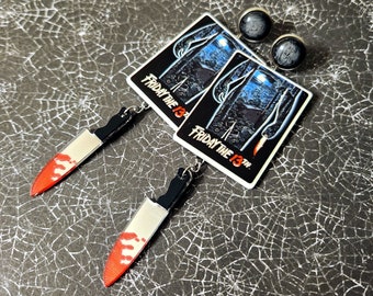 Friday the 13th Movie Poster Earrings - Jason Voorhees Bloody Knife Slasher