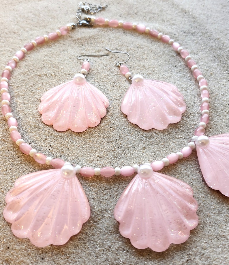 Beach Babe Pink Seashell Jewelry Set Dreamy glitter pink shells image 3