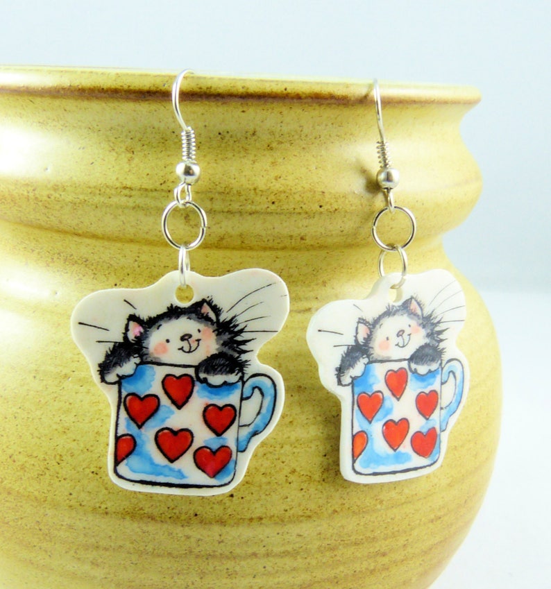 Cat in a mug earrings Etsy