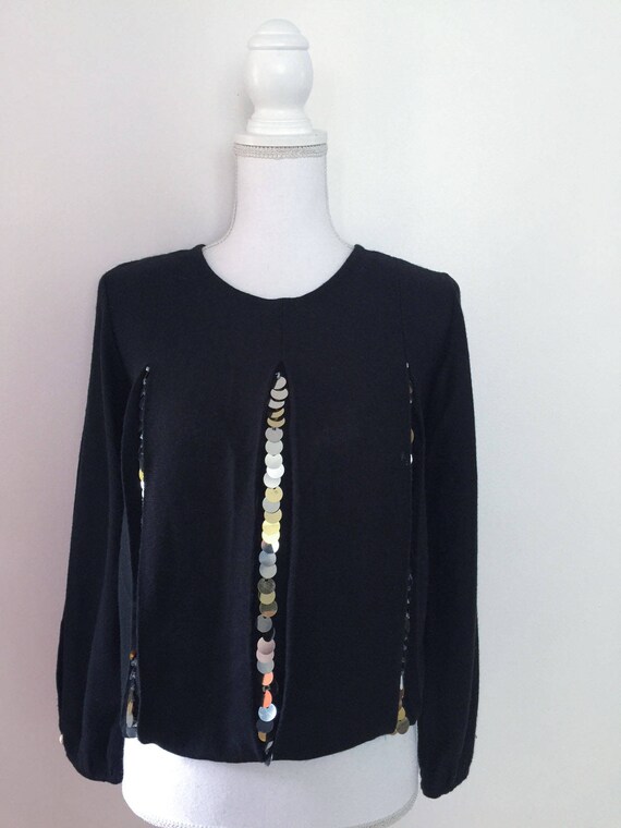 1980s Cropped Disco Sweater Black with Gold & Sil… - image 4