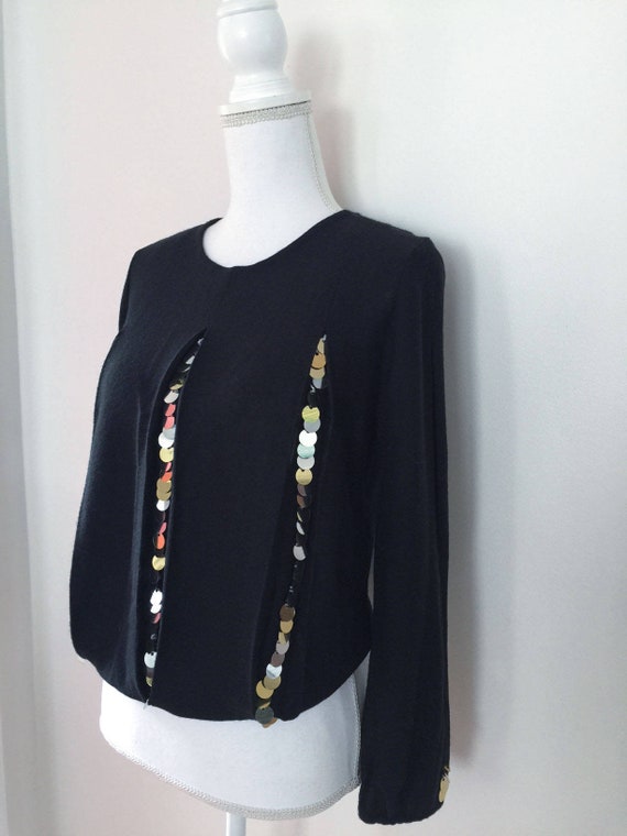 1980s Cropped Disco Sweater Black with Gold & Sil… - image 1