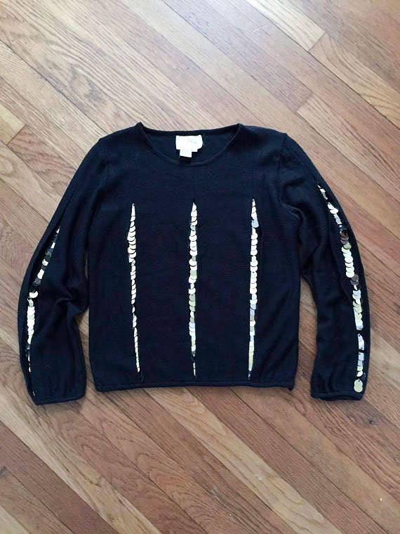 1980s Cropped Disco Sweater Black with Gold & Sil… - image 7