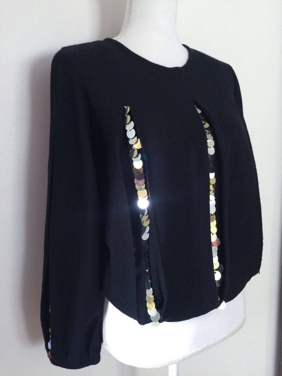 1980s Cropped Disco Sweater Black with Gold & Sil… - image 2