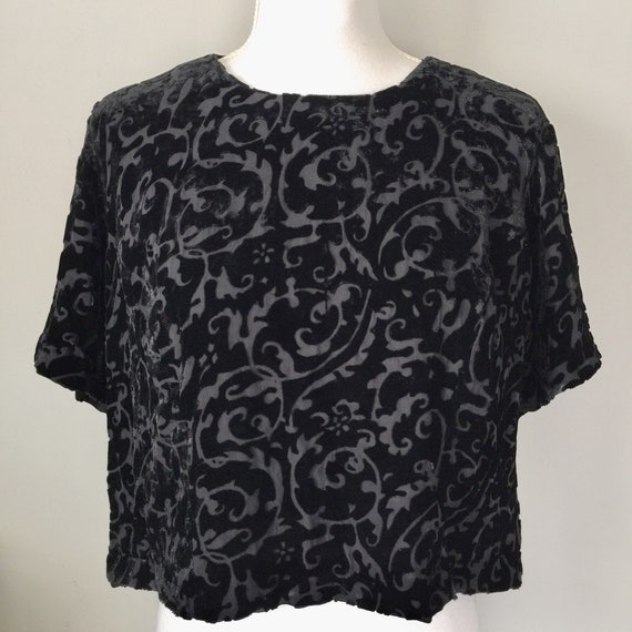 90s Velvet Boxy Crop Top Black Short Sleeve / Cut