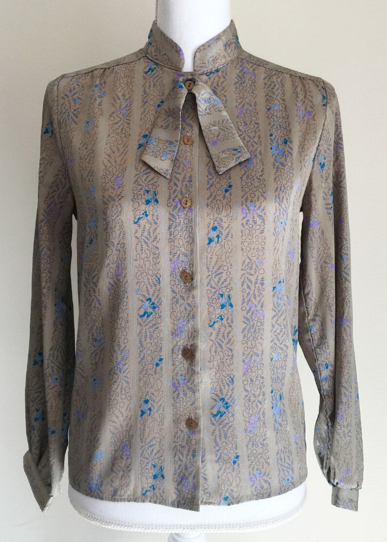 Vintage 80\u2019s Silky Patterned Button Up Long Sleeve Blouse with Bow Your Sixth Sense
