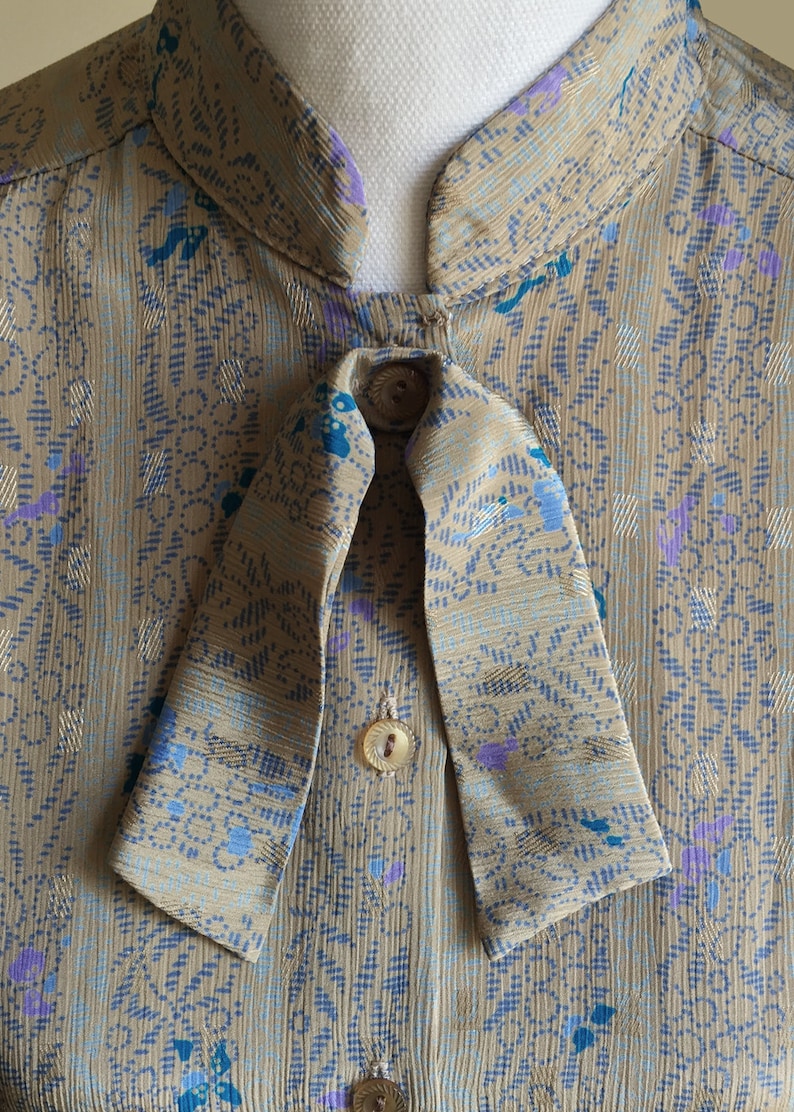 Vintage 80\u2019s Silky Patterned Button Up Long Sleeve Blouse with Bow Your Sixth Sense