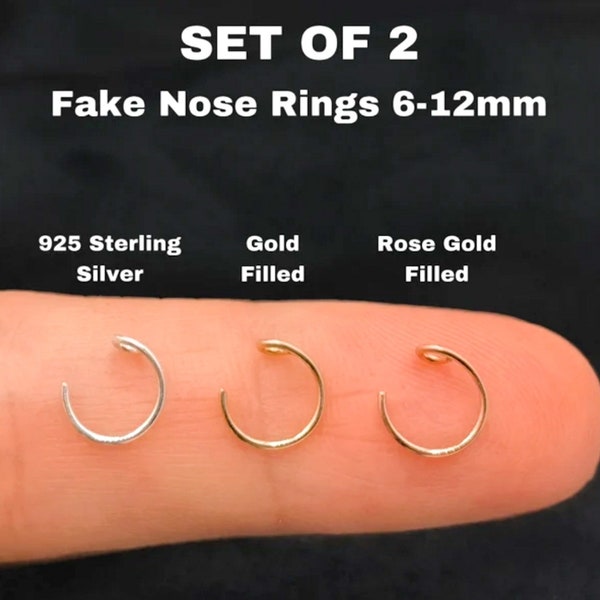 Pack de 2 pièces artisanales sans nickel non ternissant 22g, faux anneau de nez, faux piercing de nez, faux anneau de nez, argent sterling rempli d'or 14 carats.