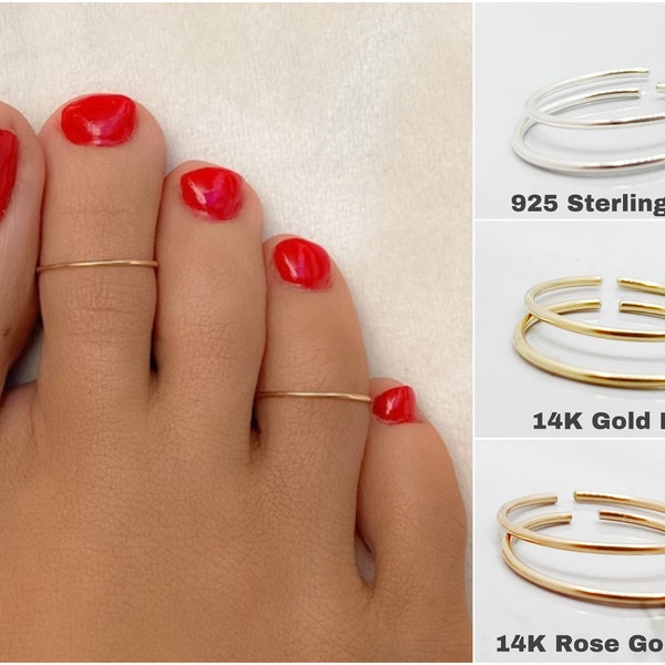 2 ambachtelijke teenringen 14K goud gevulde 925 sterling zilveren teenring, 14K Rose Gold gevulde teenring, teenring, teenring goud, teenring zilver