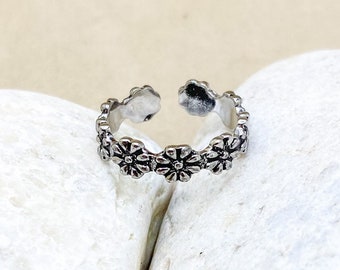 Teenring, verstelbare teenring, zilveren teenring, bloemen teenring, Boho teenring.