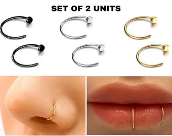 Pack Of 2 Pcs Artisanal Nickel Free Non-Tarnish 18g 20g 22g, Fake Nose Ring, Fake Nose Piercing, Faux Nose Ring, 316 Surgical Steel.