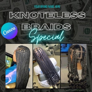 Puede incluir: Un folleto que anuncia trenzas sin nudos con tres tamaños diferentes: pequeño, mediano y grande. El folleto presenta un fondo de billetes de dólar estadounidense y el texto "Knotless Braids Special".