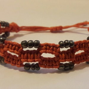 Orange Macrame Bracelet: Silver Tone Sea Beads, Adjustable Drawstring