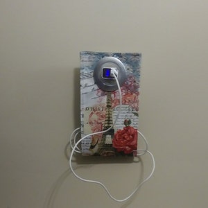May include: A white electrical outlet with a white cord plugged in. The outlet is mounted on a fabric panel with a Parisian theme, featuring a black and white Eiffel Tower design and red roses.