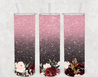 Purple floral glitter 20oz skinny tumbler Sublimation tumbler
