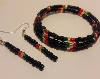 Rasta memory wire bracelet and earrings, memory wire, bracelet, earrings, Jamaican bracelet and earrings