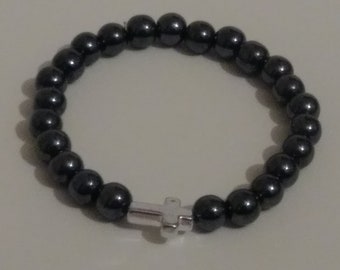 Hematite Bead Bracelet: Handmade Stretch Jewelry with Cross