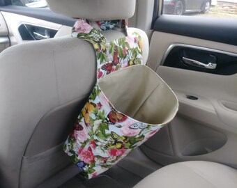 Floral Car Trash Bag: Headrest Rubbish Bin, Waterproof Lining