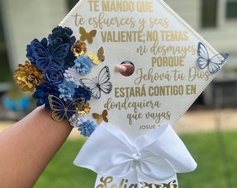 Custom Glitter Graduation Cap Topper |     Spanish Bible Verse Graduation Cap Topper