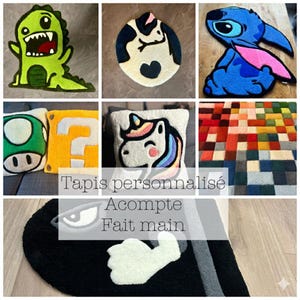 May include: A collage of handmade, custom rugs and pillows. The rugs feature cartoon characters like a green dinosaur, a blue Stitch, and a black and white character. Pillows include a unicorn and a question mark.