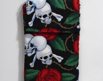 Large skull phone case - skulls and roses - Skull phone pouch - tattoo print phone case - gadget pouch - cosmetic case - roses - skulls