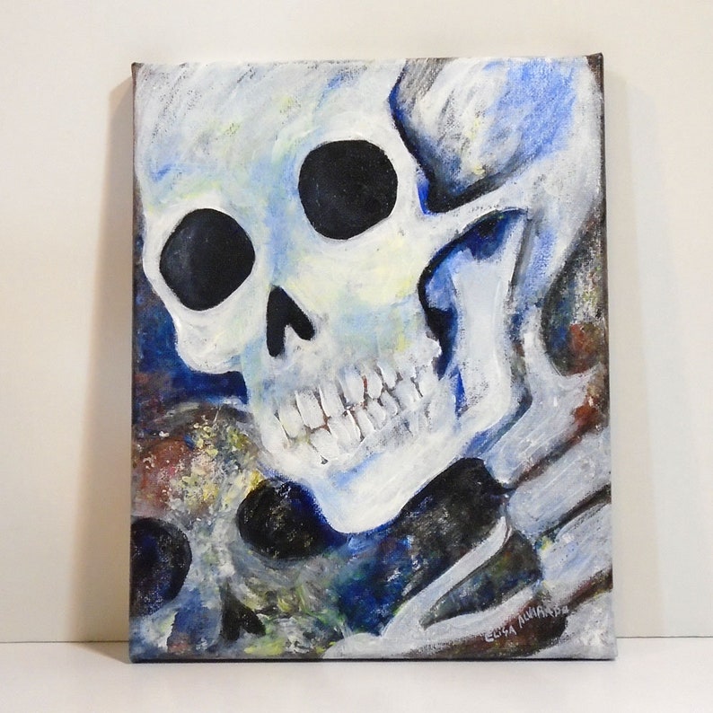 Skeleton painting Acrylic painting Skeleton art Original wall art Painting on canvas Spooky Skull art Skull painting art image 2
