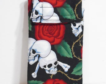 Skull Phone Pouch - skulls and roses - glasses pouch - skull phone case - tattoo print phone case - gadget pouch - cosmetic case - roses