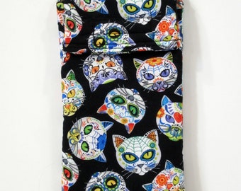 Sugar skull cat smartphone case, Large phone case, sunglasses case, fabric phone case, fabric pouch, cat phone case, Dia de los Muertos