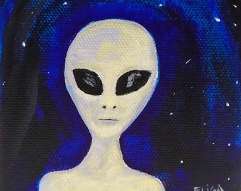 Alien painting - Surreal painting - Acrylic painting - Creature art - Grey alien - Original wall art - Painting on canvas - Spooky - UFO